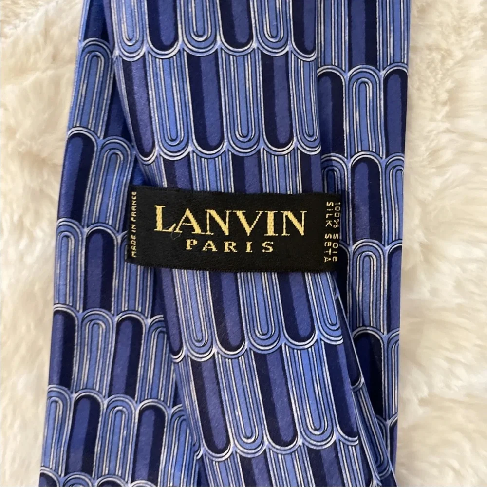 LANVIN PARIS made in France Shingle Print Silk Power Tie‎ In Blue $195